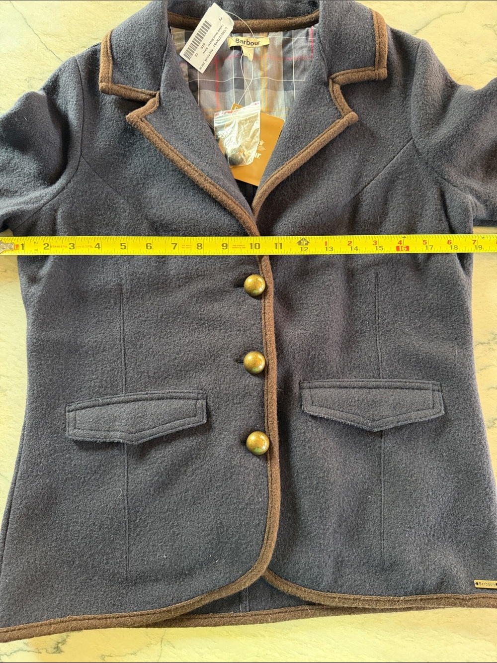 ⭐️NWT⭐️ Barbour Navy Wool Felted Blazer with Brown Trim and Bronze Buttons - Picture 3 of 12
